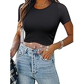 Nlife Womens Nashville Sparkly Glitter Fringe Short Sleeve Cropped Top Raceback Ribbed Crop Tank Tops with Rhinestone Tassel