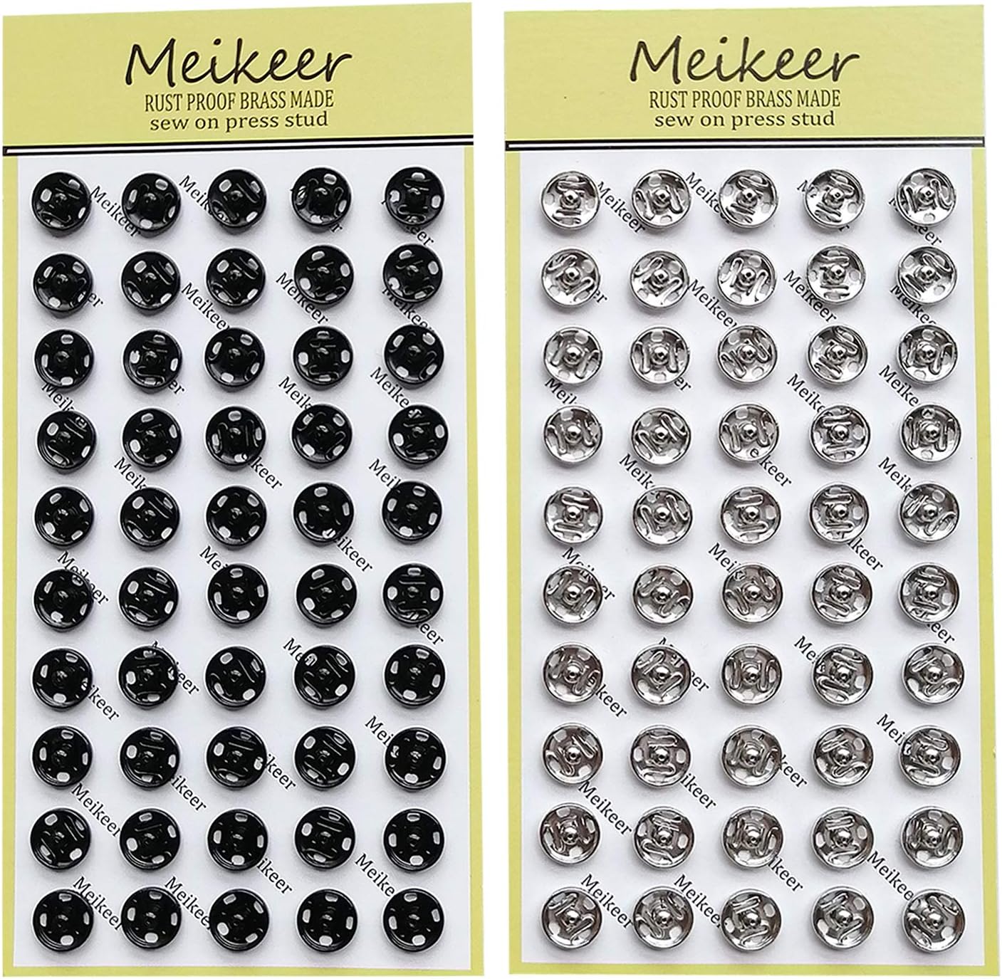 Meikeer 100 Sets Sew-on Snap Buttons Brass Snap Fastener Buttons Press Button Sew on Press Studs for Sewing Clothing Silvery and Black(10mm)