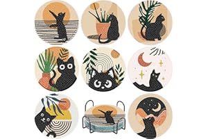 8 Pcs Black Cat Diamond Art Painting Coasters Kits, Coaster with Holder for Adults, Non-Slip DIY Dot Paint Craft Kits,5D Full