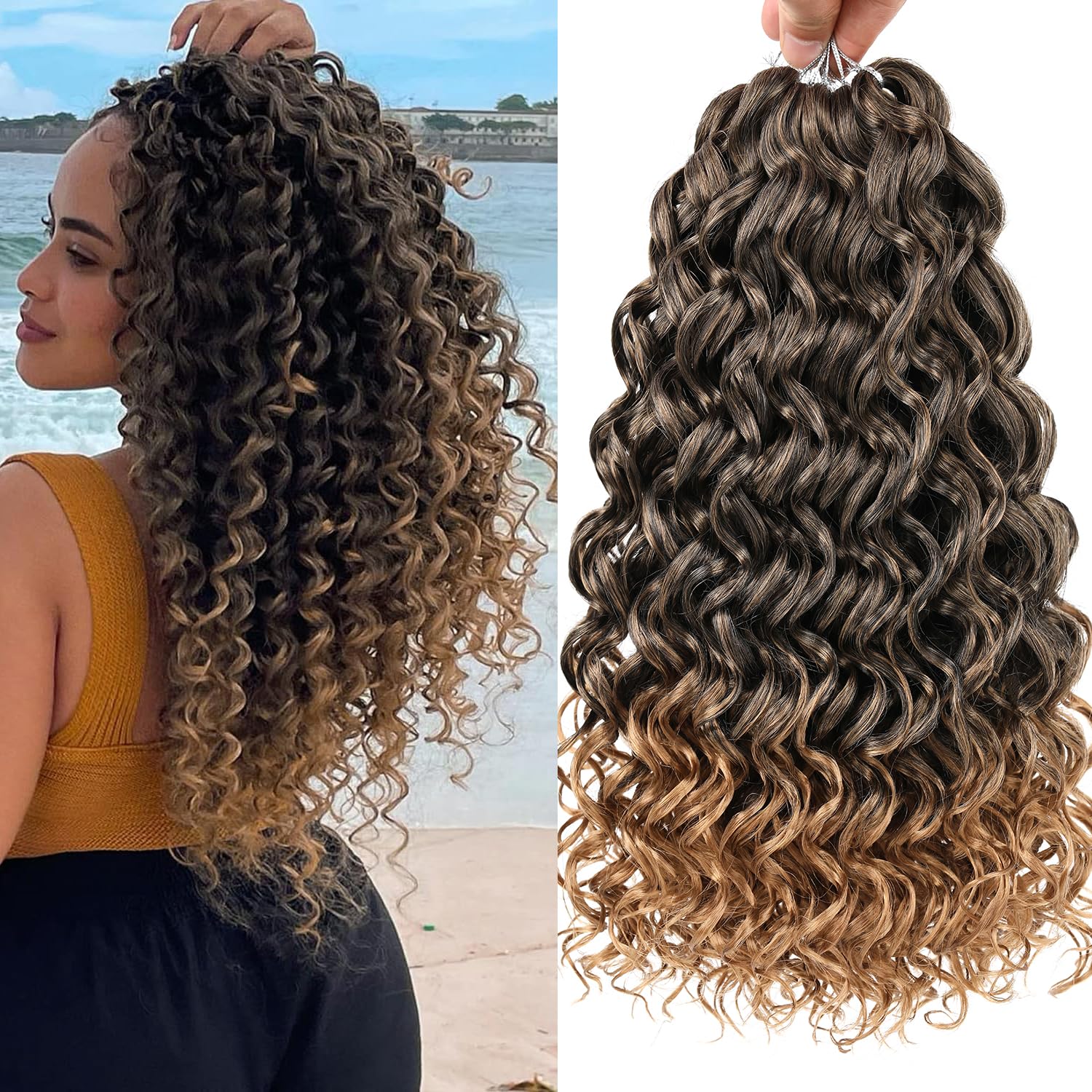Mscat GoGo Curl Crochet Hair - 14 Inch Curly, Ocean Wave & Beach Curl Water Wave Deep Twist - 8 Packs Ombre Crochet Hair Extensions — image 1