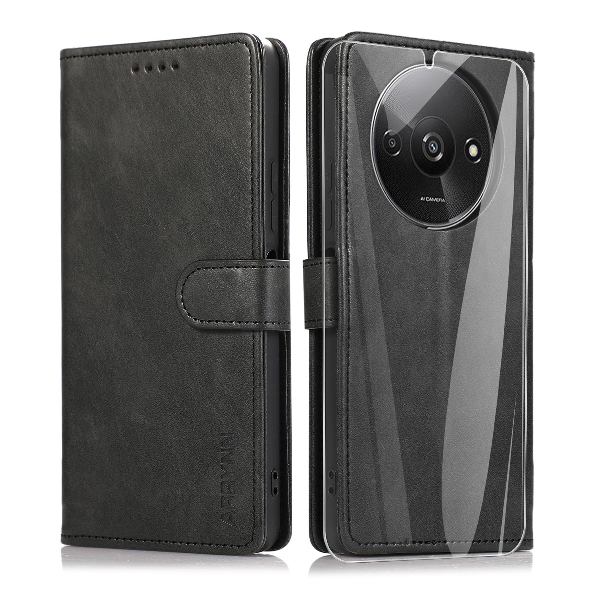 ARRYNN Case for Xiaomi Redmi A3 4G (6.71 Inches) + Protective Film, Mobile Phone Case Accessories for Xiaomi Redmi A3 4G, Flip PU Case Protective Cover Xiaomi Redmi A3 4G - Black