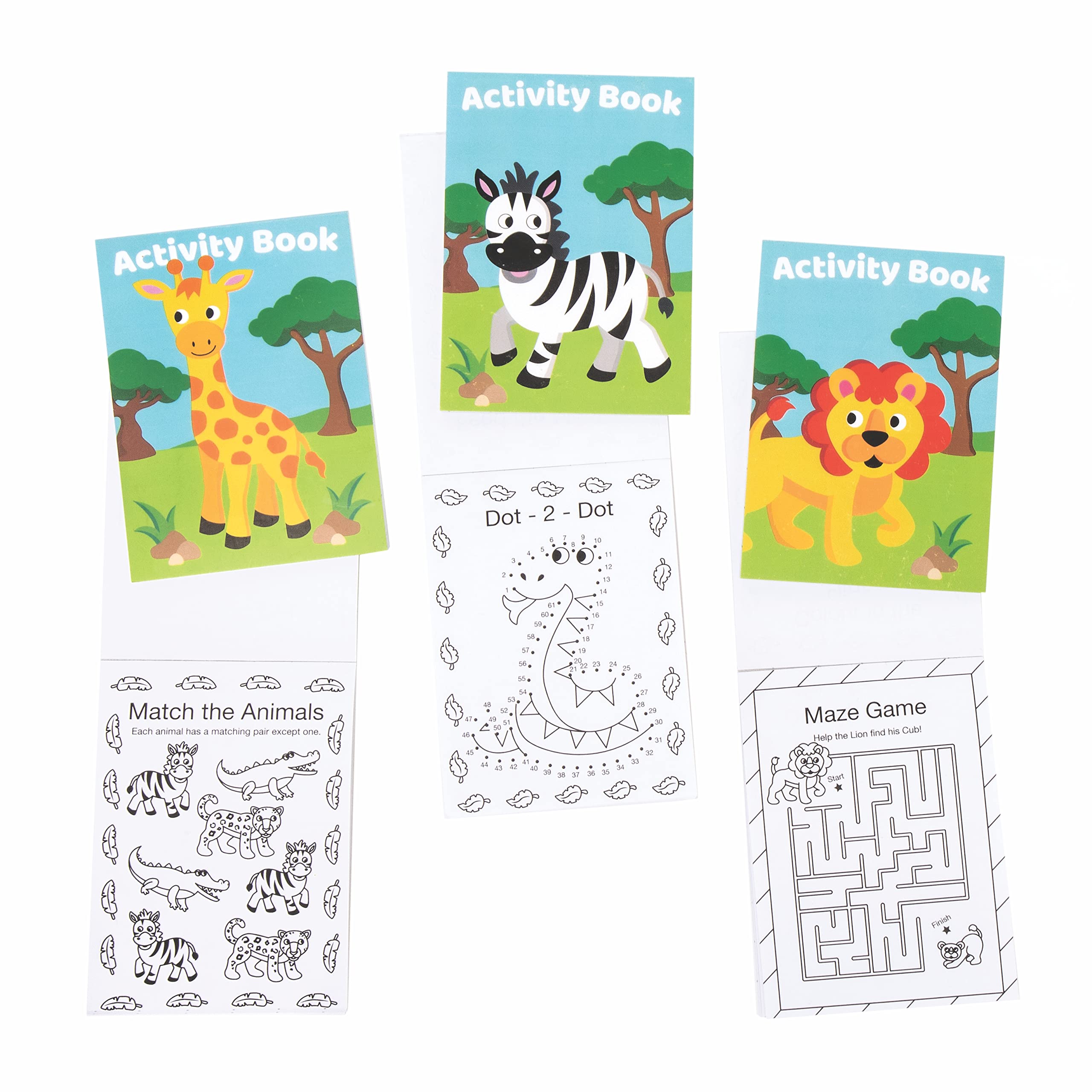 Baker Ross FE541 Jungle Animal Mini Actvity Books - Pack of 12, Includes Puzzles, Stickers, Dot to Dot and Colouring Pages for Kids
