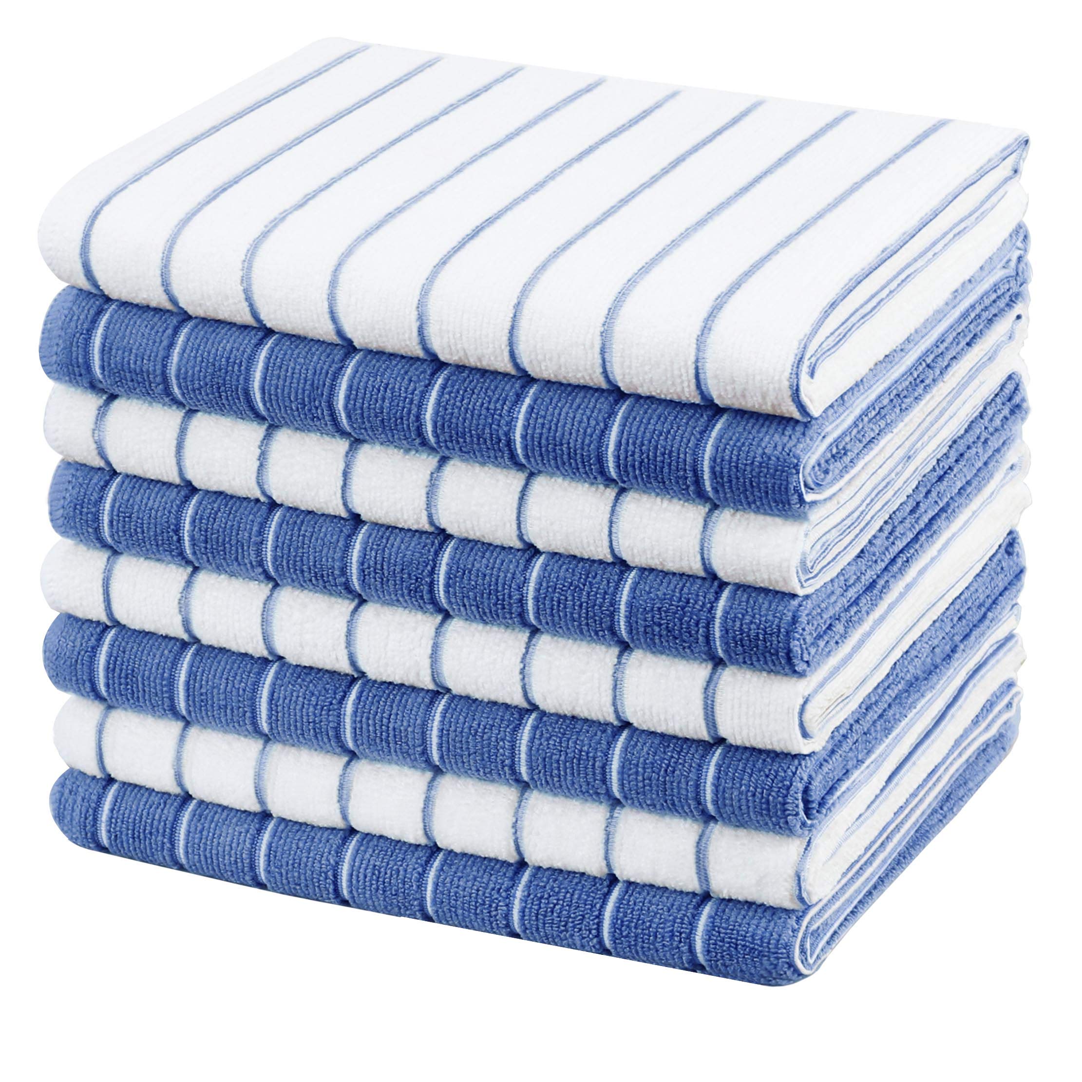 gryeer Microfibre Tea Towels - Pack of 8 (Stripe Designed Blue and White Colours) - Soft, Super Absorbent and Lint Free Kitchen Towels, 45 x 65 cm