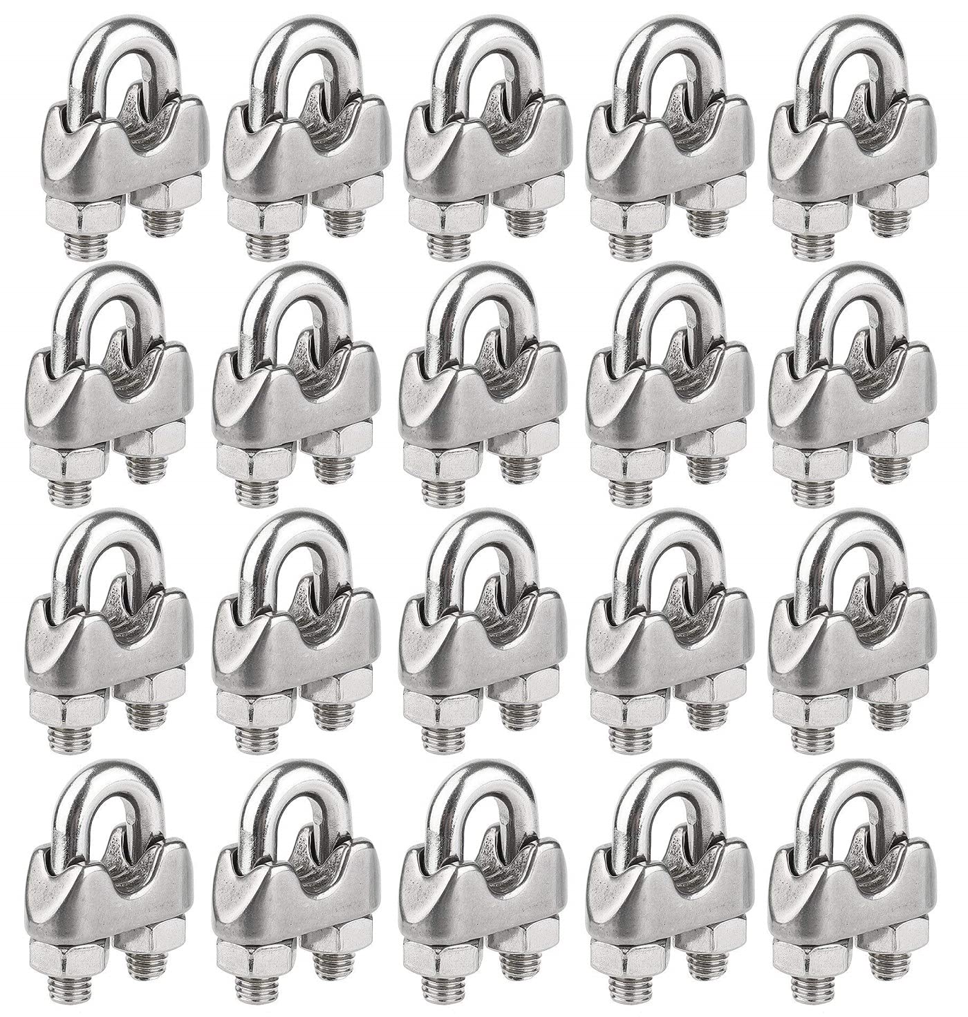 KAHEIGN 20Pcs Wire Rope Clips, Stainless Steel M5 Cable Clamp U Bolt Saddle Fastener Clip for Rigging Rope and Tension Cable (Ø 5mm)