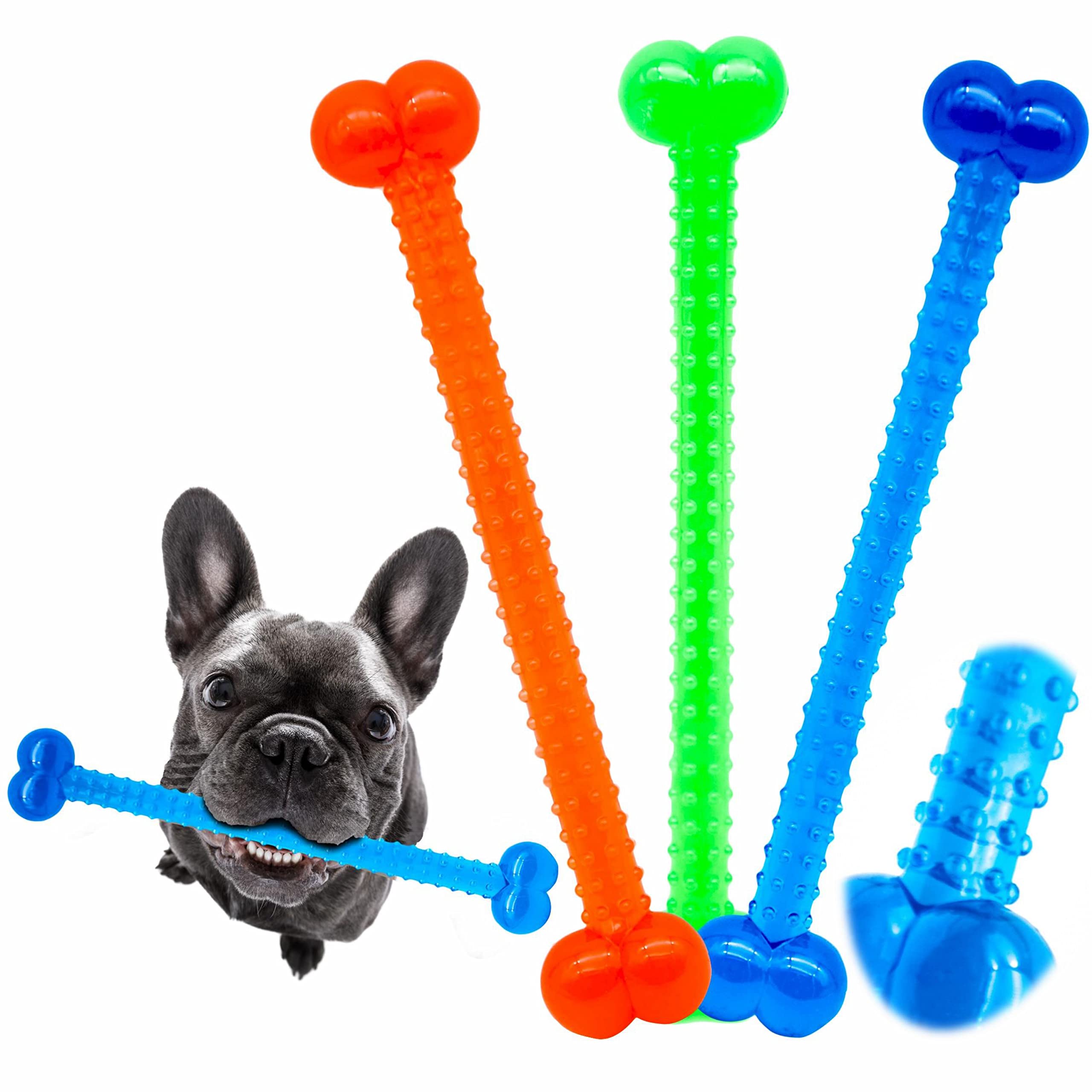 3 x Dog Chew Toy | Rubber Knobbly Dog Chew Bone Ring | Durable Dog Bones Pet Chew Tooth Cleaning Ring Toy | Puppy Toys Medium Dog Stuff | Flexible Dog Chews (Blue+Green+Orange, Bone)