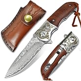 AUBEY Damascus Pocket Knife with Clip, Folding Knives for Men Women DMHM | VG10 Core Damascus Steel Blade, Rosewood Handle, Sheath, Foldable Design, Ball Bearing, Gift for Outdoor Survival Camping EDC