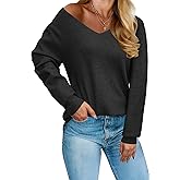 Arach&Cloz Womens 2024 Fall Long Sleeve V Neck Off Shoulder Tops Knit Pullover Sweater Loose Casual Clothes
