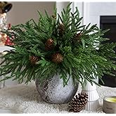 florisso Artificial Christmas Norfolk Pine Stems Branches for Vases,12 Bundles Faux Pine Branches with 5 PCS Big Fake Pinecones Stems Greenery Evergreen Real Touch for Holiday Winter Table Xmas Decor
