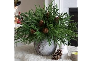 florisso Artificial Christmas Norfolk Pine Stems Branches for Vases,12 Bundles Faux Pine Branches with 5 PCS Big Pinecones Stems Fake Greenery Evergreen Real Touch for Holiday Winter Table Xmas Decor