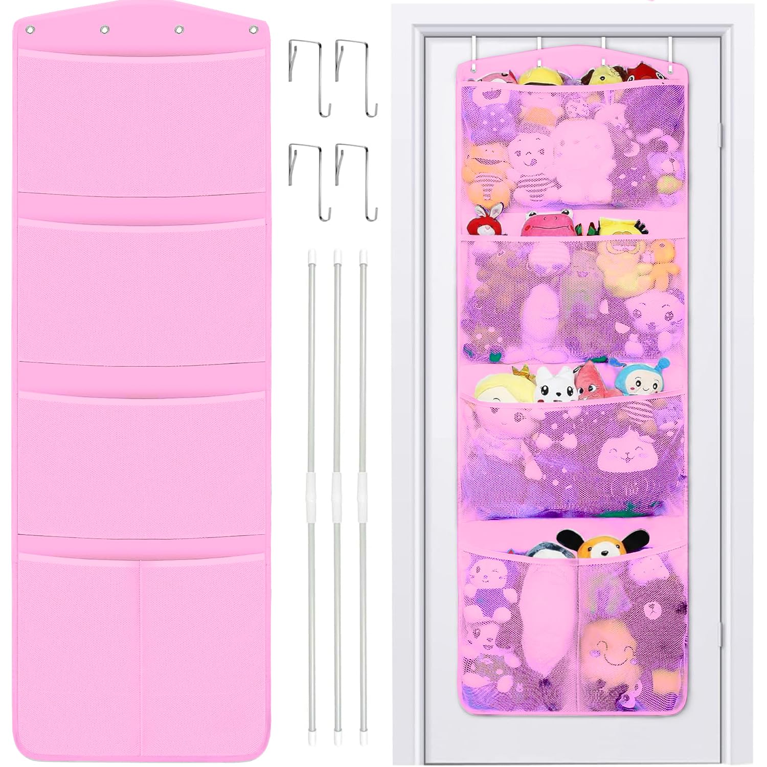 Stuffed Animal Storage, with 3 Large Pockets and 2 Medium Pockets, Over The Door Organizer Storage for Closet, Baby, Plush Toy, Hanging Door Organizer for Nursery, Bedroom, Bathroom, Kids Room (Pink)