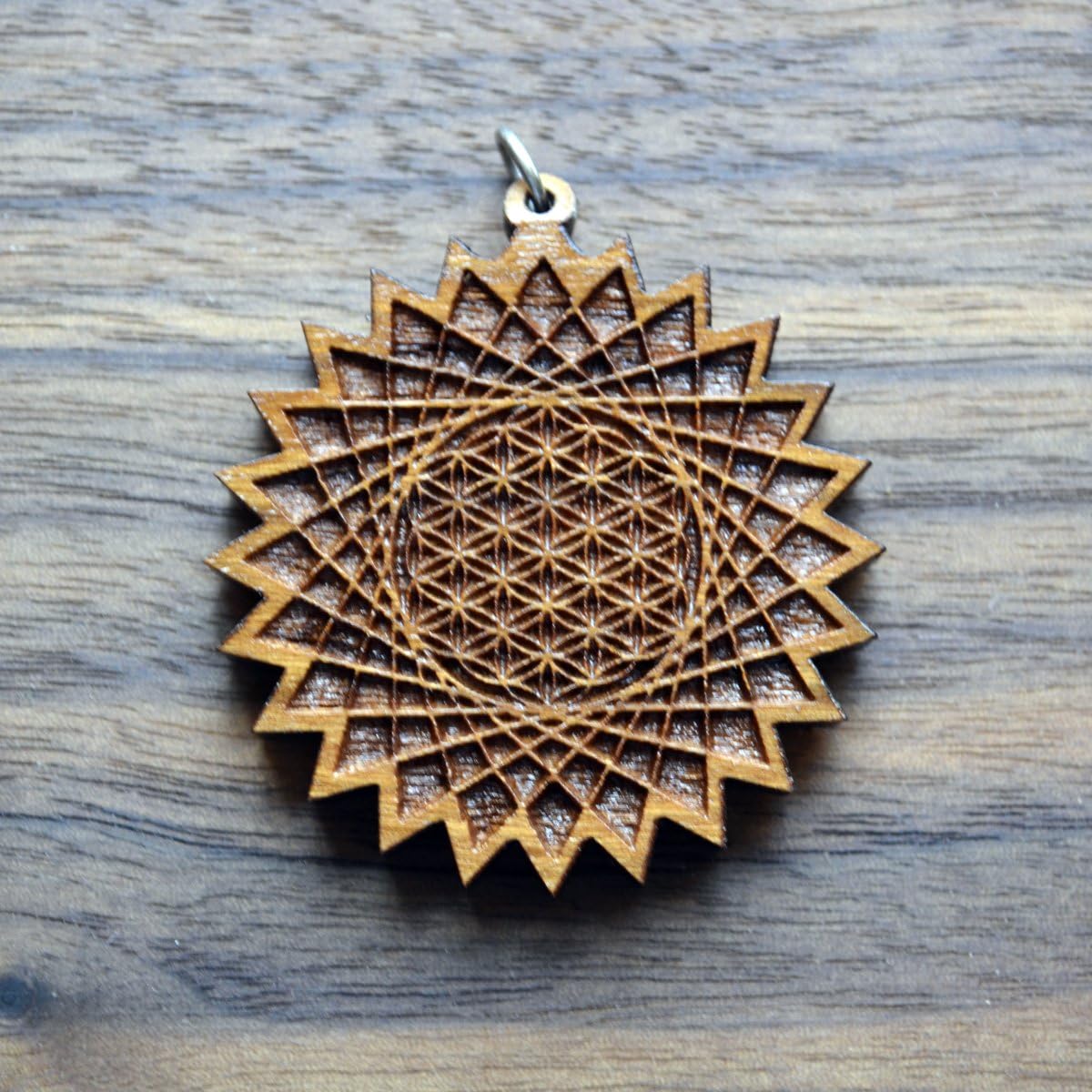 Pointed Flower of Life Grid Pendant - Natural Hardwood - Laser Cut Engraved Sacred Geometry - LT10041