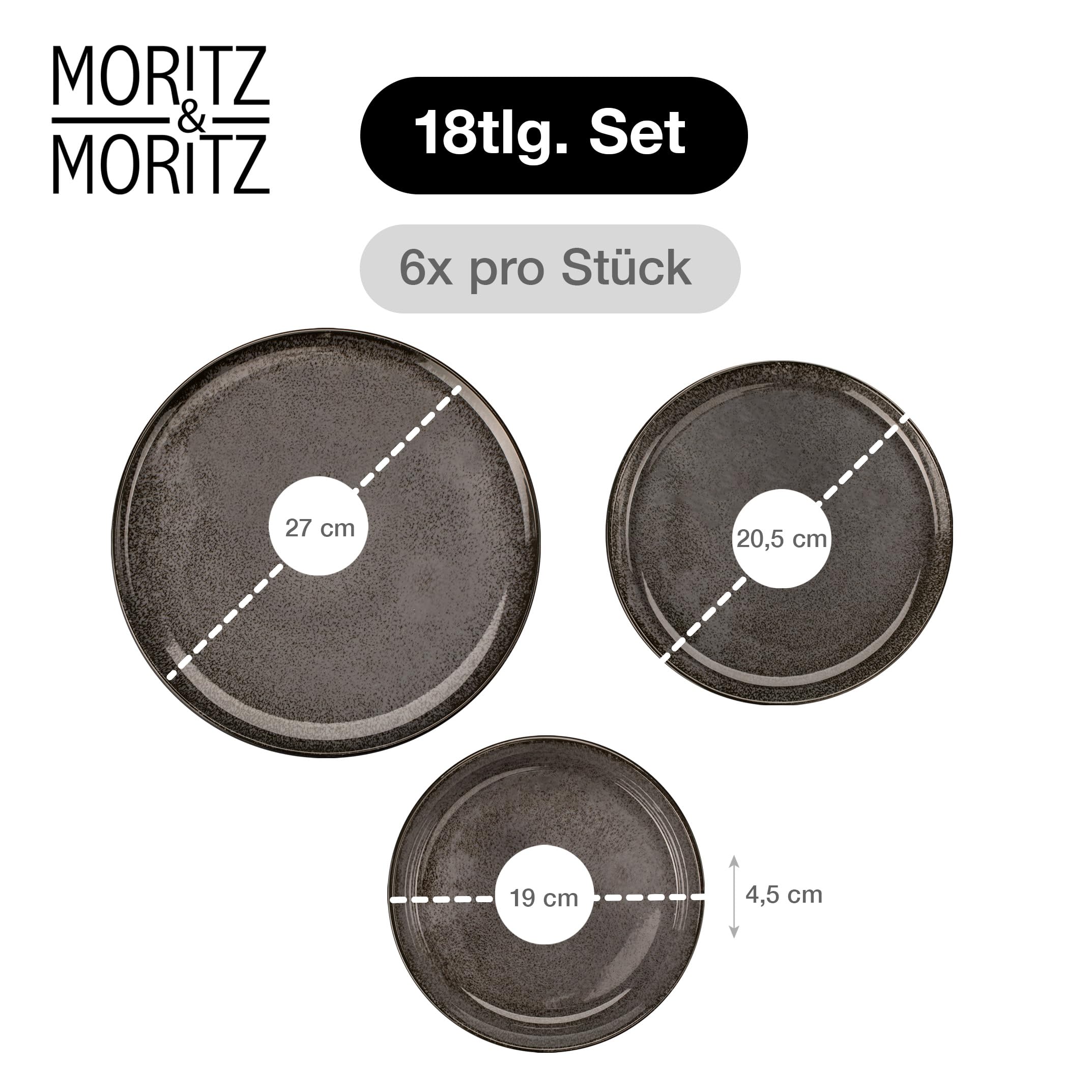 Moritz & Moritz VIDA Geschirrset 6 Personen Anthrazit 18-tlg. - Modernes Porzellan Geschirr Set - Kratz-, Mikrowellen- & Spülmaschinenfest, Essgeschirr, Tafelservice, Kombiservice 6 Personen 2