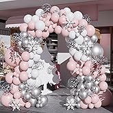 Pink White Silver Balloons Arch Kit, 154pcs Pink Winter Wonderland Balloons Garland Kit for Girls Princess Snowflake Theme Wedding Baby Shower Birthday Christmas Party Decorations