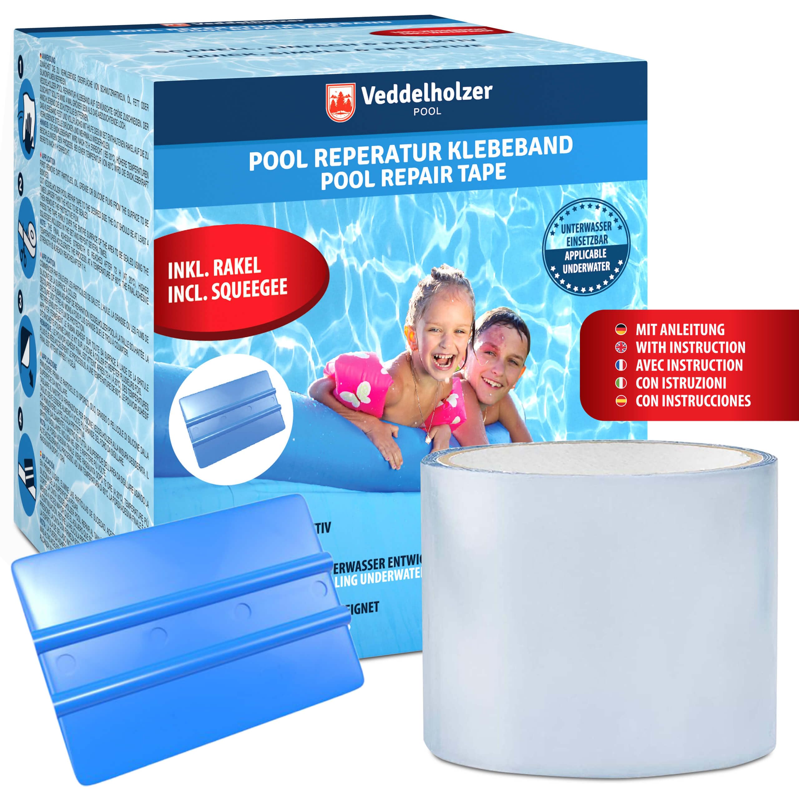 Veddelholzer Pool Repair Kit with Waterproof Tape 10 cm x 150 cm Transparent Sealing Flex Tape for All Pool Surfaces
