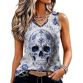 Bozfoxa Womens V Neck Tank Top Sleeveless Workout Shirt Vintage Glass Skull | Fine Ribbed Fabric, Soft Stretch Comfort, Breathable Light Fit, No Shrink Easy Care, Yoga Running Gym, Casual Travel Wear