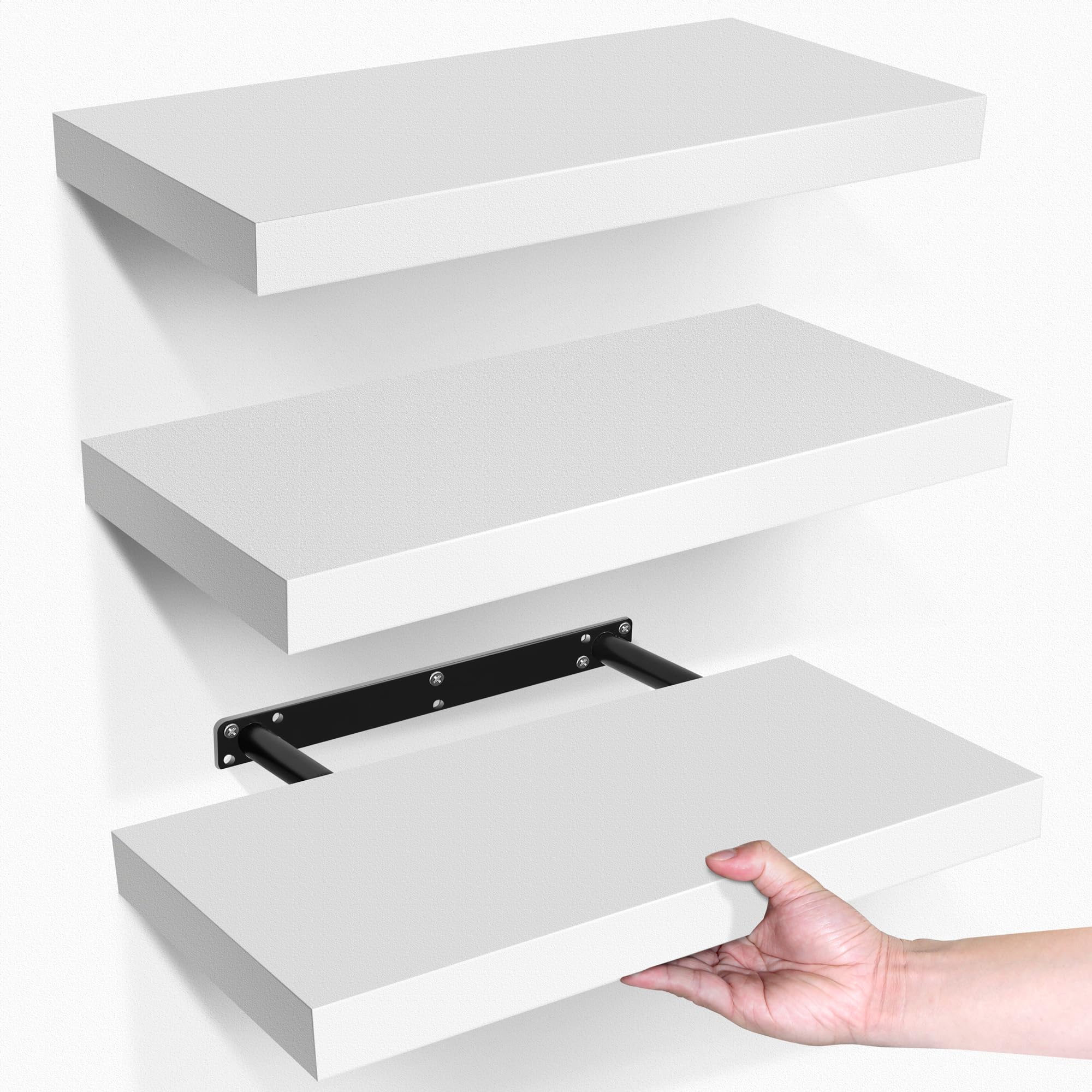 Photo 1 of LaVie Home Floating Shelves, 15.6 Inch Wall Shelf Set of 3, Hanging Shelf with Invisible Brackets, Wall Decor for Bathroom, Bedroom, Living Room, Kitchen Storage, Modern White