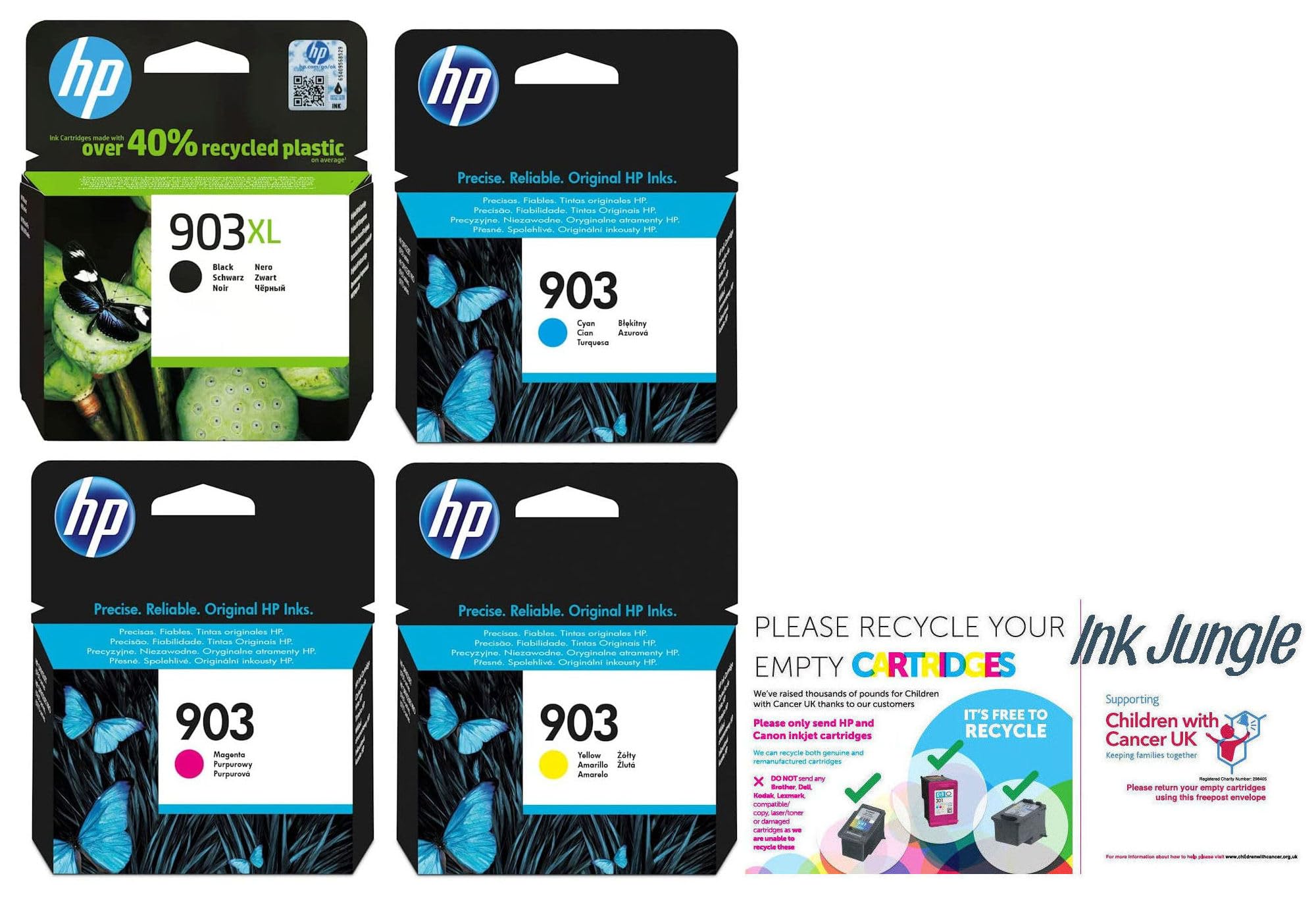 Ink Jungle HP 903XL Black & 903 Cyan Magenta Yellow Ink Cartridges For HP OfficeJet Pro 6960 6970 6971 6974 6978 6979 6961 6963 6964 6965 6966 6976 6950 Printers Charity Bag