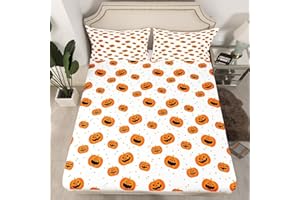 FEELYOU Pumpkin Lantern Bed Sheet Set Happy Halloween Decor Bedding Sheets for Kids Boys Girls Cute Pumpkin Dots Fitted Sheet Cartoon Lovely Bed Cover Bedroom Collection 2Pcs Twin Size,No Top Sheet