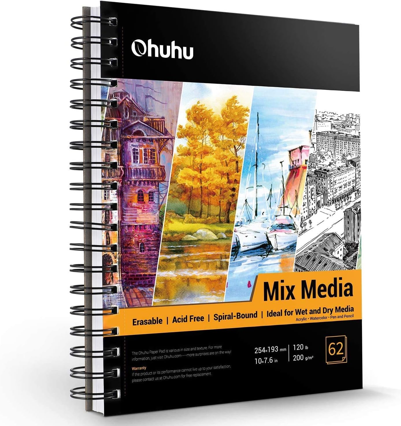 Ohuhu Mixed Media Sketchbook, 200gsm Spiral Bound, 124 Pages (62 Sheets) Acid-Free Paper for Watercolour Acrylic