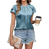 Blooming Jelly Women's Dressy Business Casual Pleated Ruffle Short Sleeve Satin Silk Work Blouse