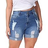 Gocolloa Womens Plus Size Jean Shorts Stretchy High Waisted Distressed Fold Hem Denim Shorts