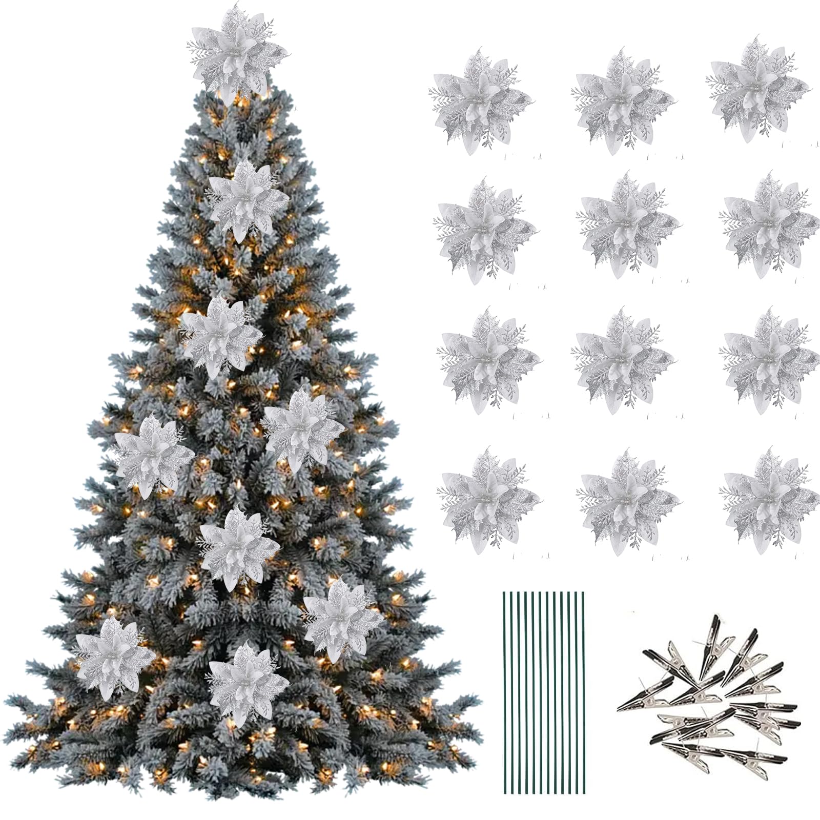 Leixi 12Pcs Poinsettia Flower Artificial Pointsettia with Clips Christmas Decor Glitter Poinsettia Christmas Ornaments Tree Flower Decor with Stems DIY Xmas Wreath Holiday Party Decor (Sliver)
