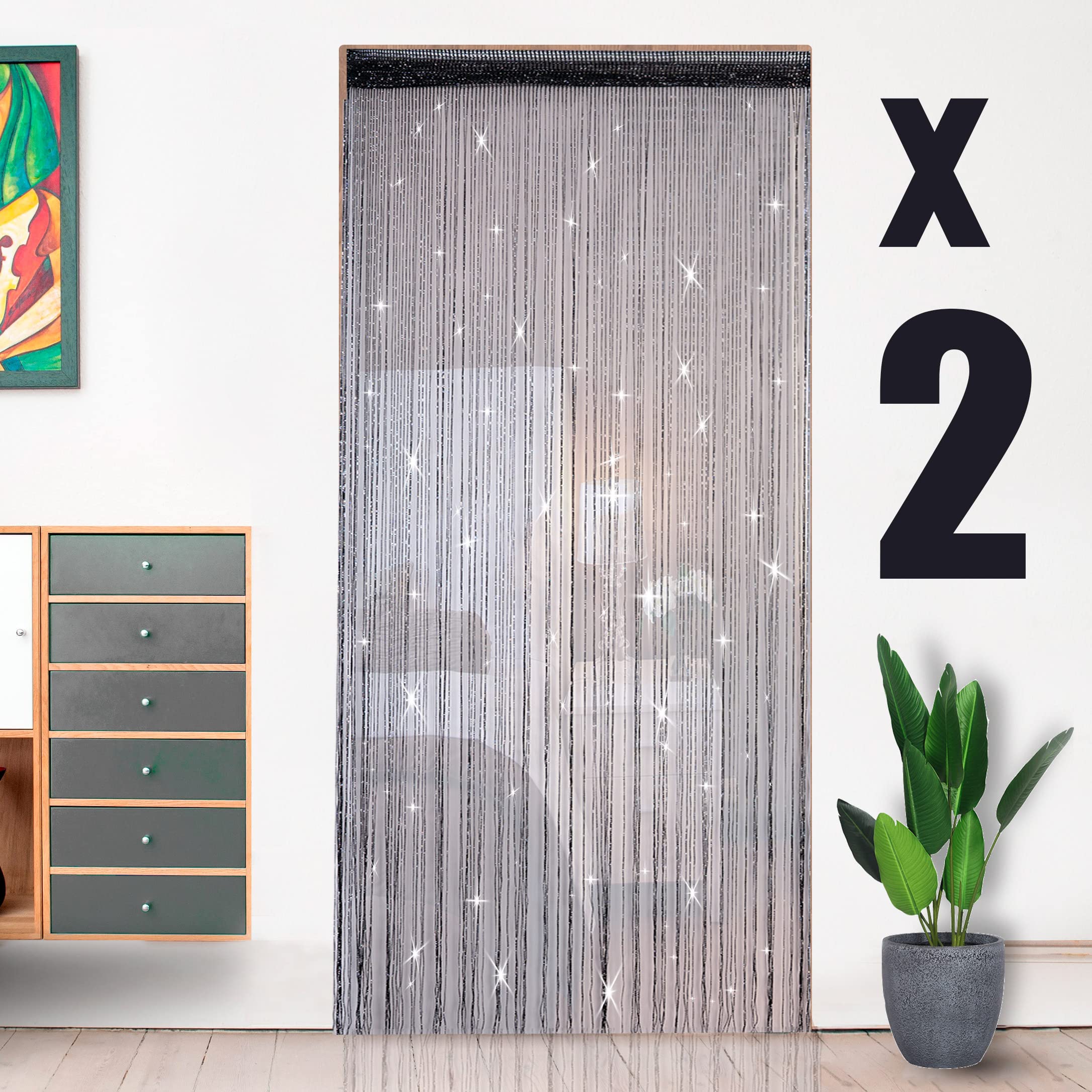 HYSENM 2 Pack Door Curtains 100 x 200cm Fly Screens for Doors, Beaded String Curtain for Doors, Door Fly Screen Curtain for Doorways - Black