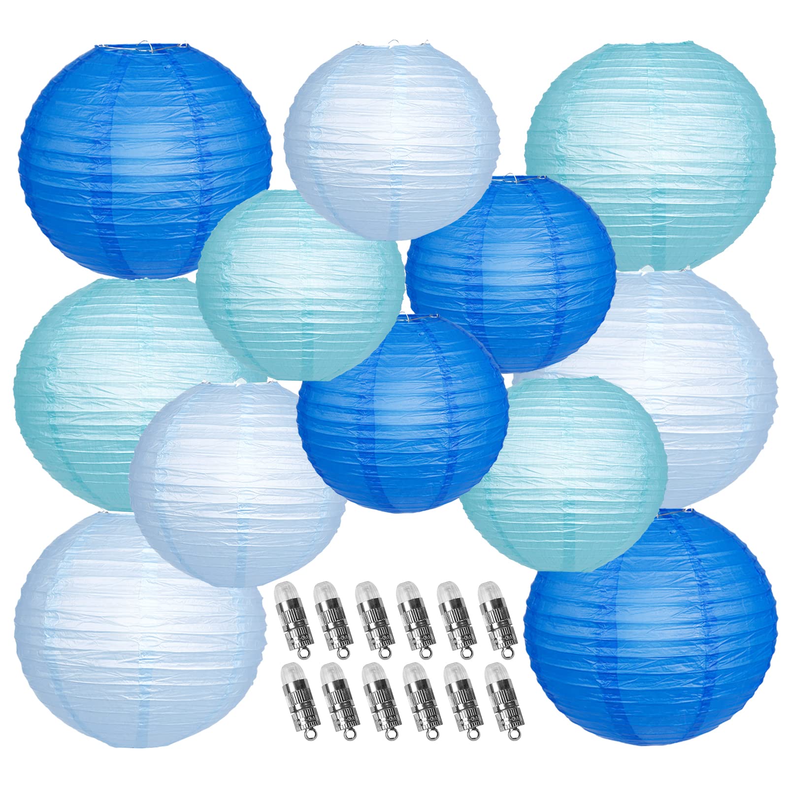 Photo 1 of YUNXUAN Paper Lanterns Decorative, Blue Hanging Paper Round Chinese Lanterns with Lights for Wedding Graduation Birthday Party 12 LED Light Pack of 12