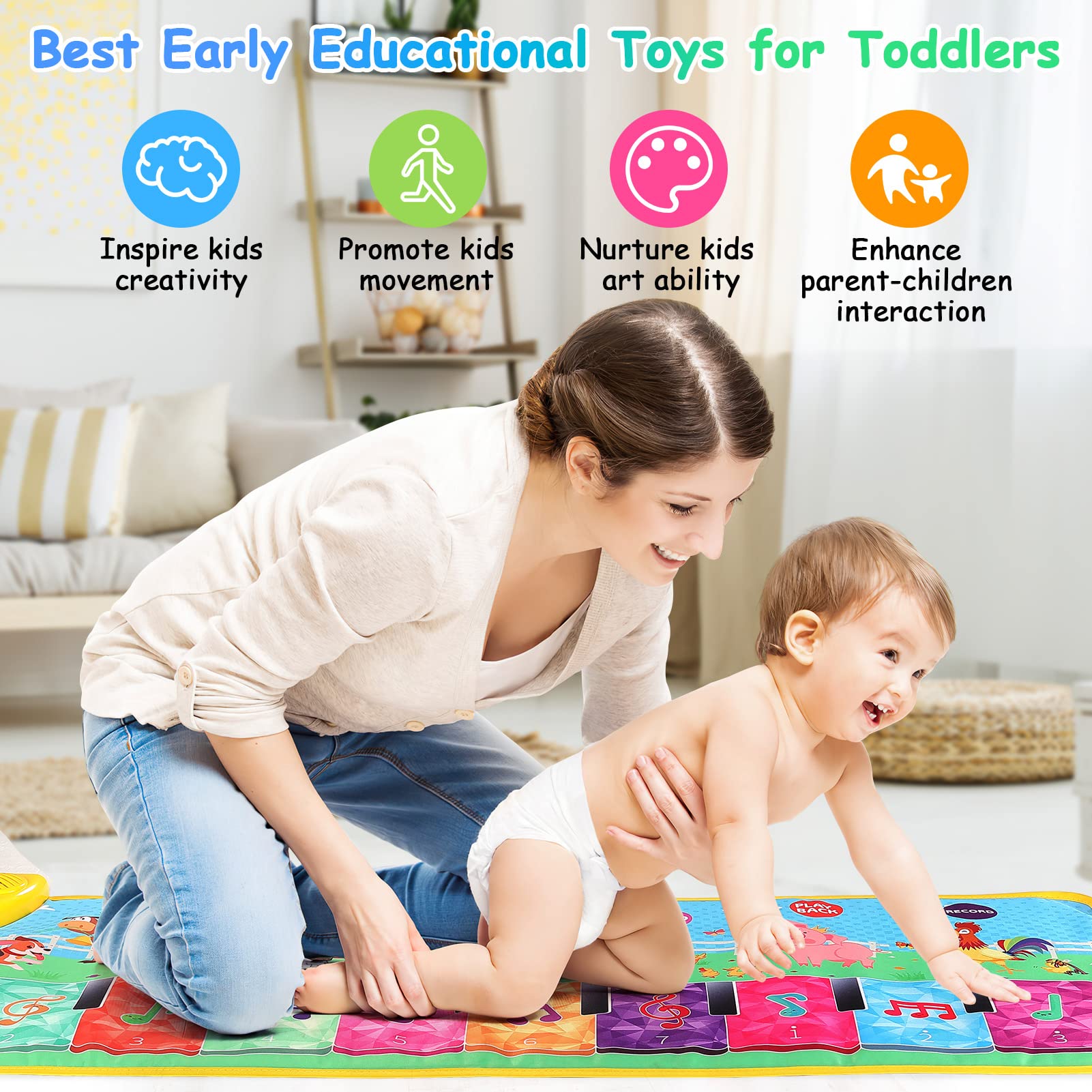 RenFox Piano Mat, Baby Musical Mats with 37 Music Sounds, Crystal Themed Keyboard Touch Playmat for Toddlers with 7 Different Animal Music Sound for Early Education, Gift Toys for Girls Boys Toddlers