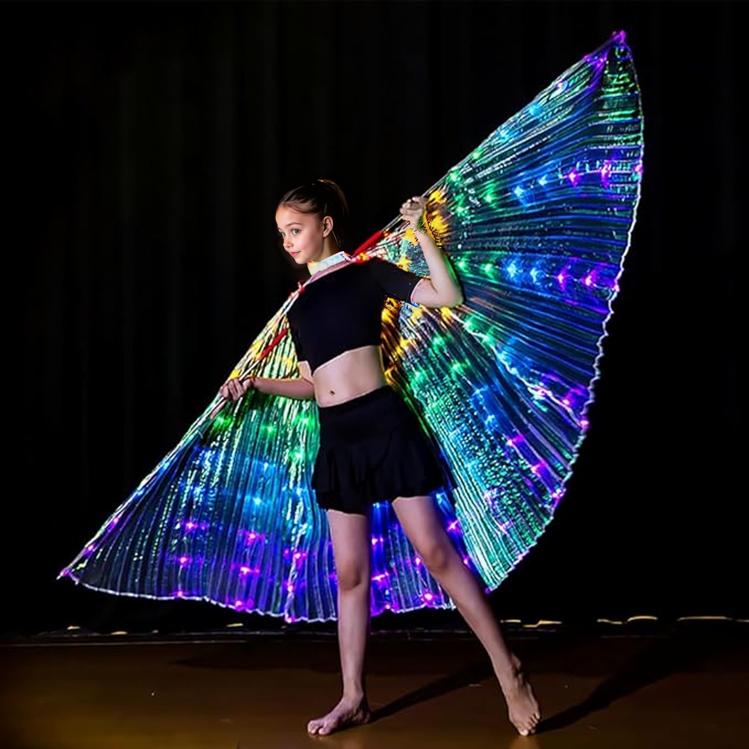 Leemiman LED Butterfly Isis Wings Belly Dance Wings Costumes with Sticks for Stage Performance Rainbow