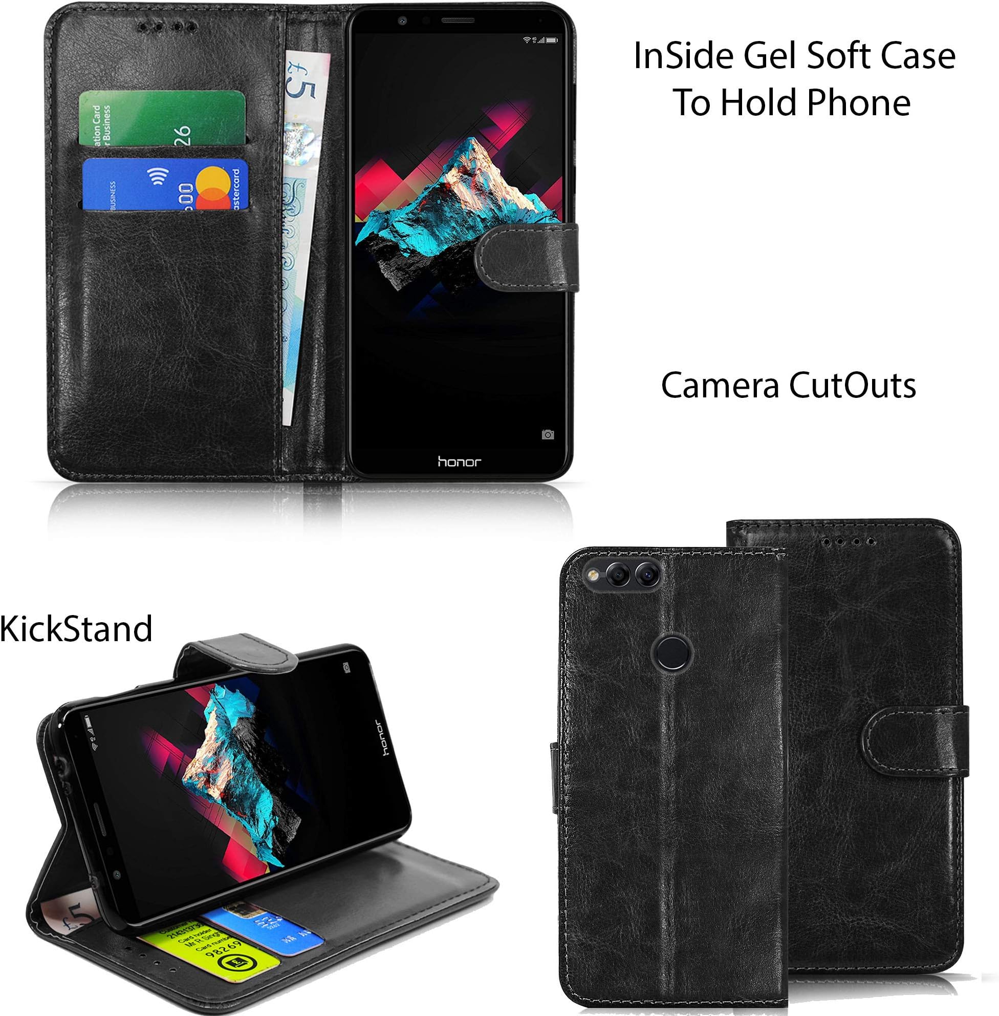 Blueenza Case For Huawei Honor 7X BND-L21 L22 - Mobile Phone Case Premium Cover Flip Folio Magnetic Book All Around Protection Wallet Card Slots & Kickstand for Smartphone (Black)