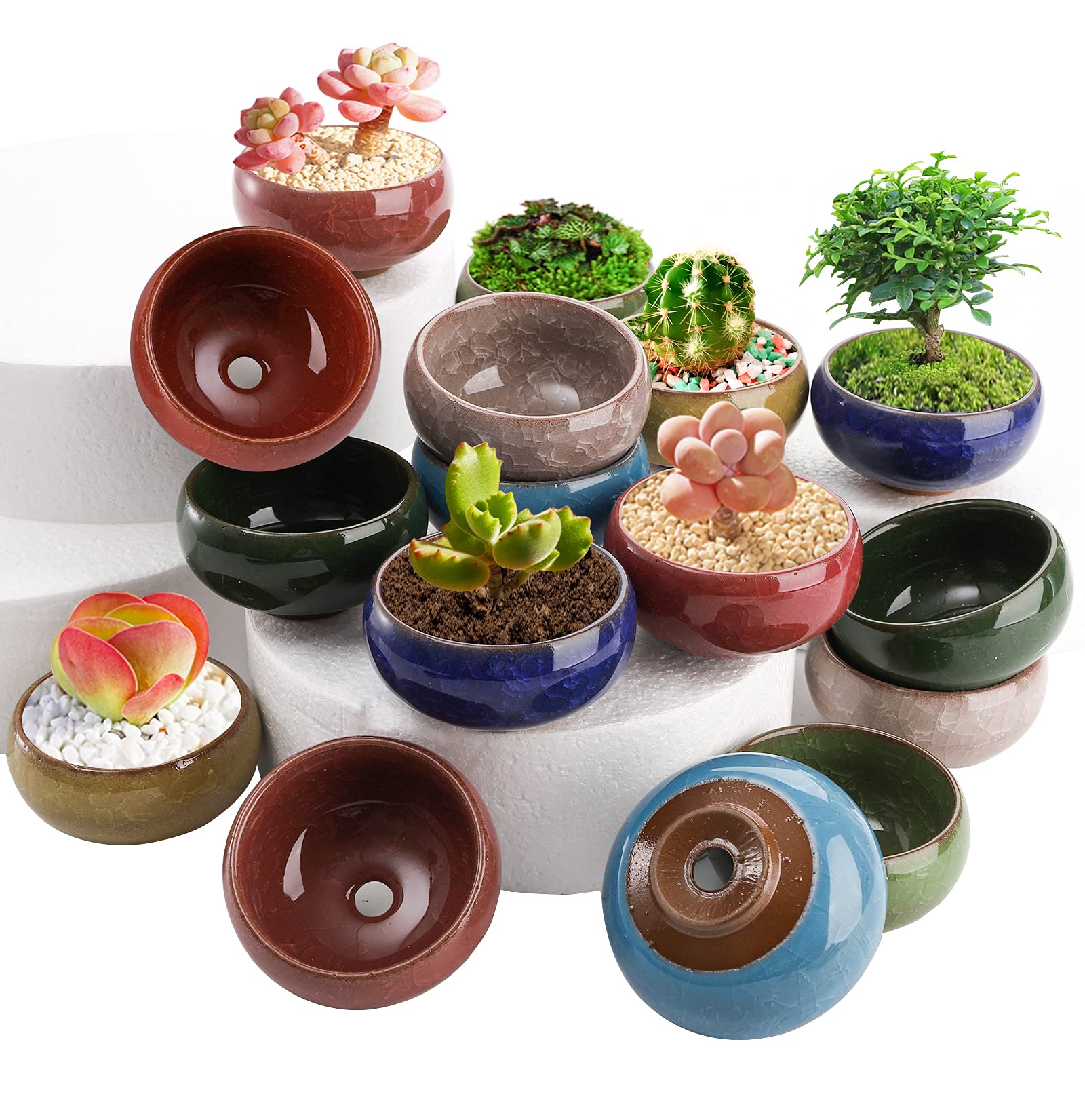 TOPZEA 16 Pack Mini Succulent Planter Pot, 2.5 Inch/6.3CM Ceramic Ice Crack Cactus Seed Starter Pots Micro Landscape Planter with Drainage Hole & Bamboo Tray for Moss Plant, Baby Succulent, Herb
