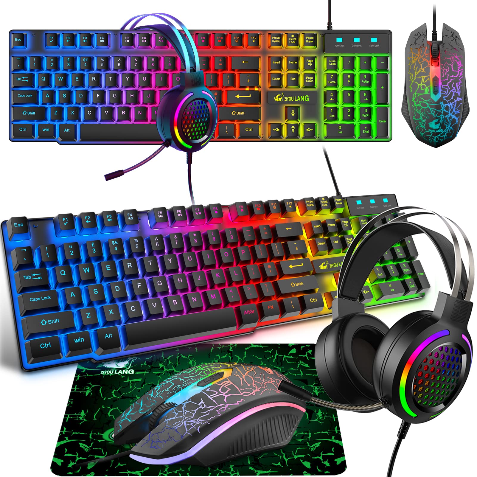 Gaming Keyboard Set with Headset and Mouse, 104 Keys Rainbow Backlit UK Keyboard, 2400dpi, 7.1 RGB Lightweight Honeycomb Surround Sound, Mouse Pad Combo for PS4 Xbox