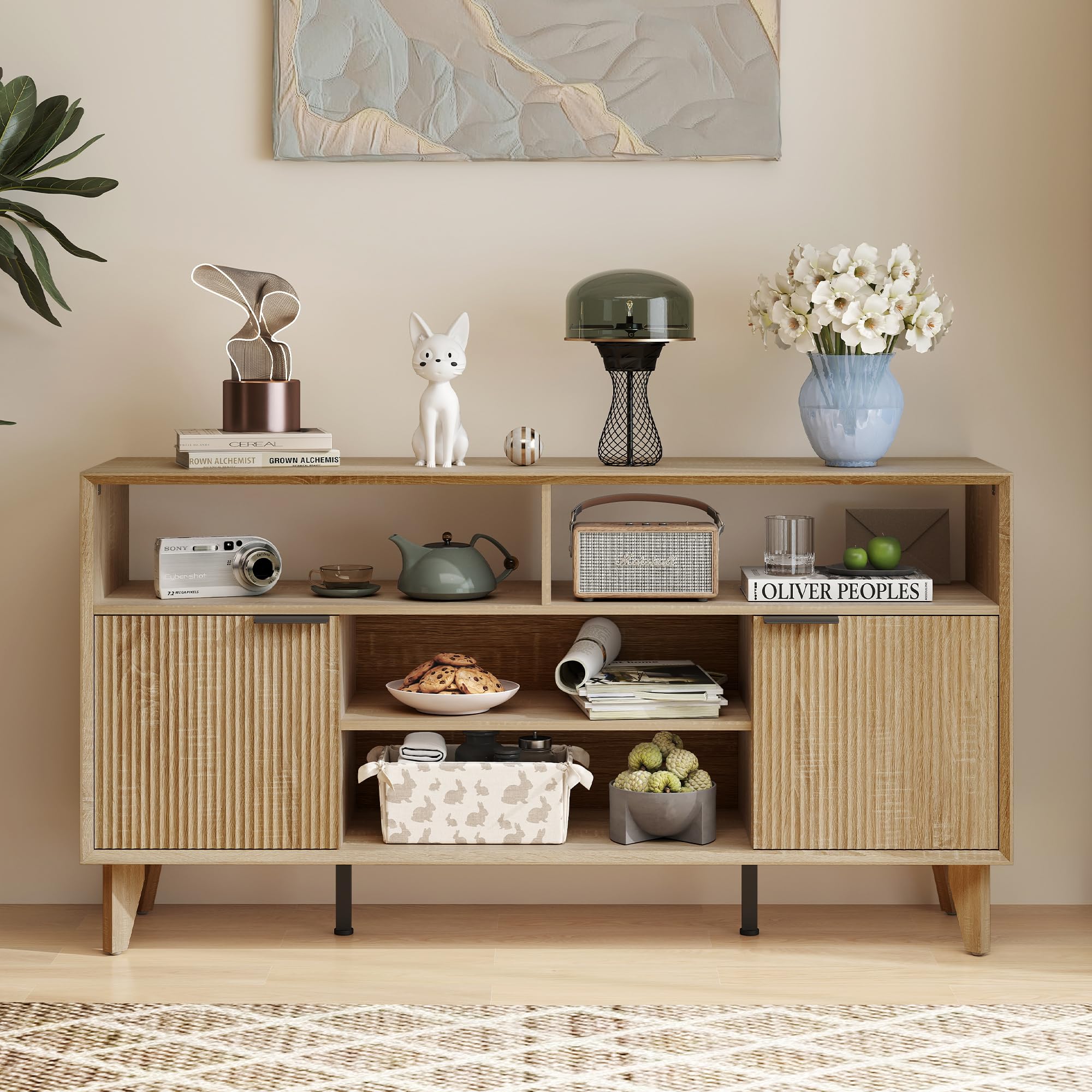 Photo 1 of **reference image**Furnivado Fluted TV Stand for 70 inch?Entertainment Center with Storage Cabinets, Modern TV Console with Open Adjustable Shelves, TV Stand for Living Room Bedroom, Natural