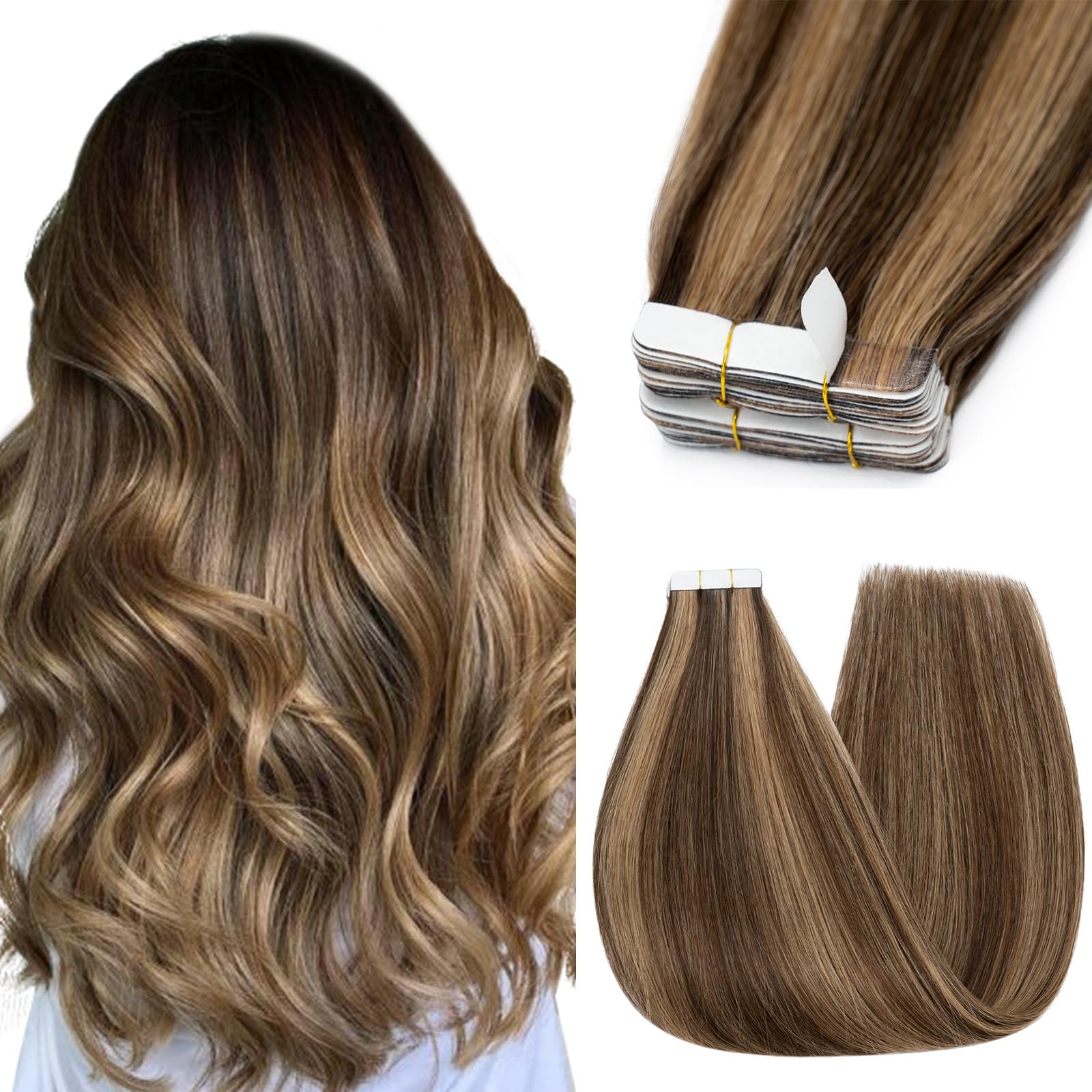 Silk-co Tape in Hair Extensions 24in 100% Real Remy Straight Human Hair Straight Invisible Glue Skin Weft 10 Pcs 25g #4P27 Medium Brown&Dark Blonde