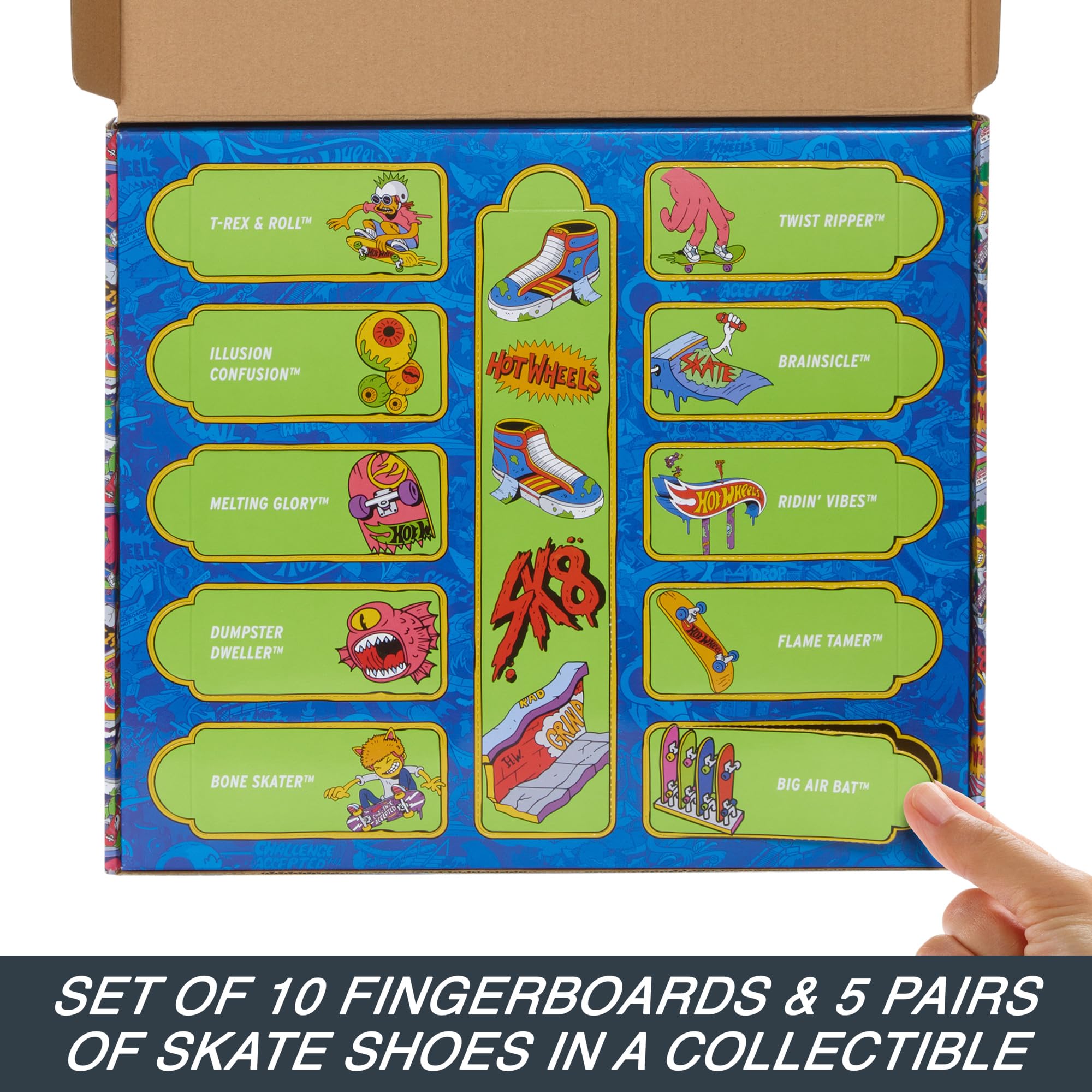 Hot Wheels Skate Fingerboards 10-Pack, Set of 10 Finger Skateboards with 5 Pairs of Removable Skate Shoes for Kids, Hot Wheels-Themed Graphics