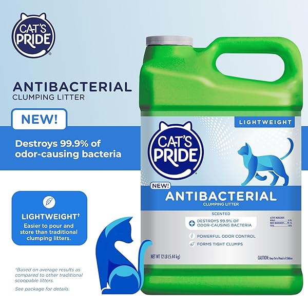 CAT’S PRIDE NEW ANTIBACTERIAL CAT LITTER: DESTROYS 99.9% OF ODOR-CAUSING BACTERIA – POWERFUL ODOR CONTROL – PREMIUM LIGHTWEIGHT CLUMPING LITTER – SCENTED, 12 POUNDS