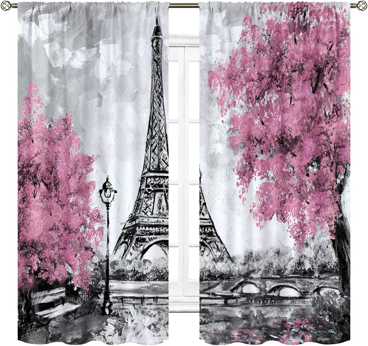 Cinblue Eiffel Tower Curtains Rod Pocket Paris Pink Trees Oil Painting European City Landscape France Art Printed Living Room Bedroom Window Drapes Treatment Fabric 2 Panels 42 (W) x 63(L) Inch