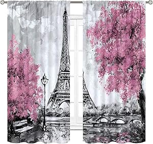 Cinblue Eiffel Tower Curtains Rod Pocket Paris Pink Trees Oil Painting European City Landscape France Art Printed Living Room Bedroom Window Drapes Treatment Fabric 2 Panels 42 (W) x 63(L) Inch
