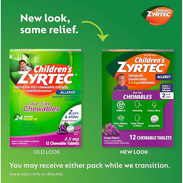 ZYRTEC CHILDREN’S DYE-FREE CHEWABLES FOR 24 HOUR ALLERGY RELIEF, 2.5 MG CETIRIZINE HCL ANTIHISTAMINE TABLETS, KIDS ALLERGY MEDICINE RELIEVES SNEEZING & ITCHY NOSE & THROAT, GRAPE, 12 CT