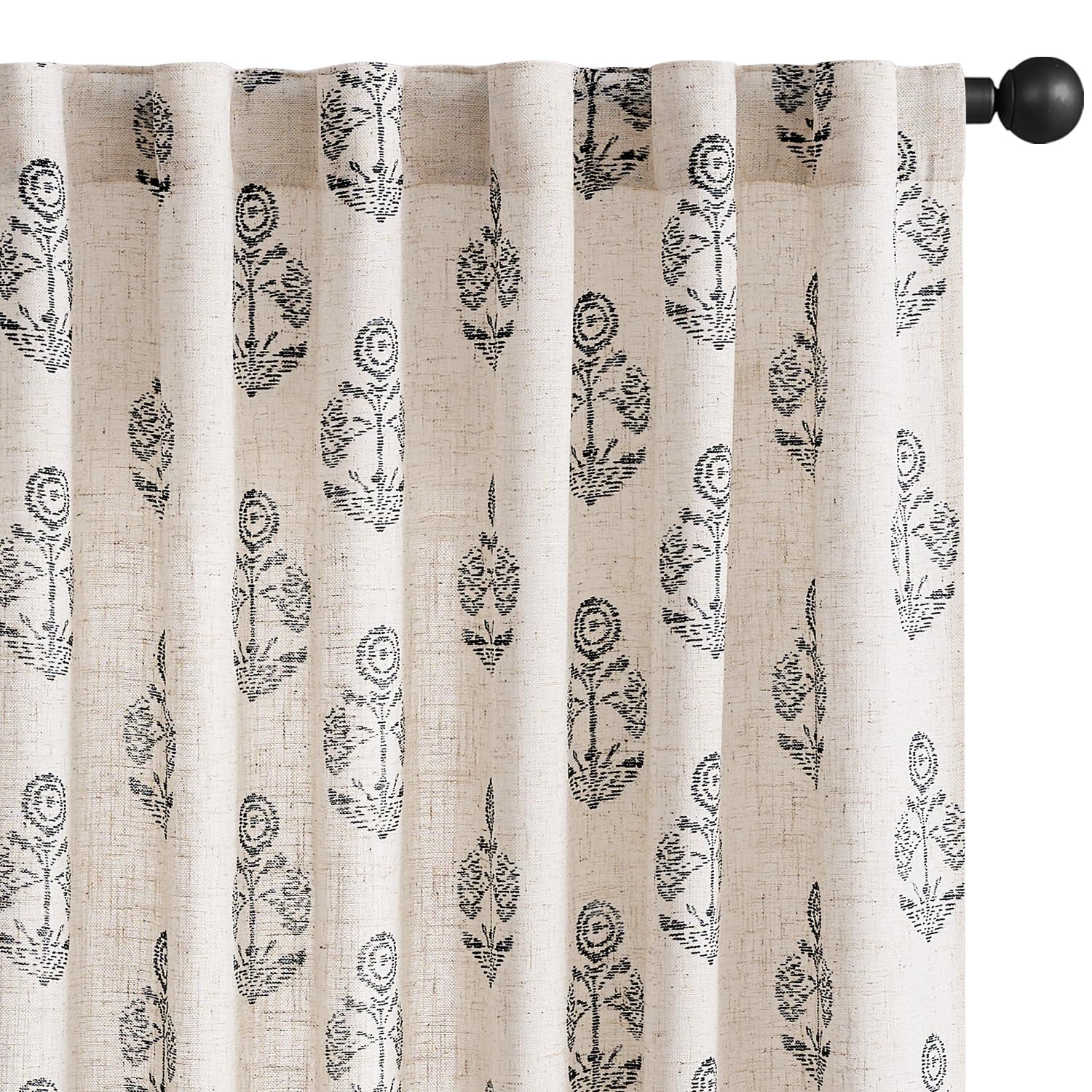 Photo 1 of jinchan Linen Floral Curtains for Living Room 84 Inch Length Black Flower Cottage Core Farmhouse Curtains Rod Pocket Back Tab Boho Semi Sheer Window Drapes Bedroom Set 2 Panels Black on Beige