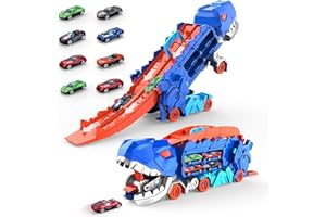 MOBREET City Toy Car Dinosaur Ultimate Hauler Truck,Transforms into Standing T-rex Transporter with Race Track,Dinosaur Hauler with 8 Vehicles Toddler Toys Gifts for Kids Ages 3 4 5 6 7 8 Years Old (Blue)