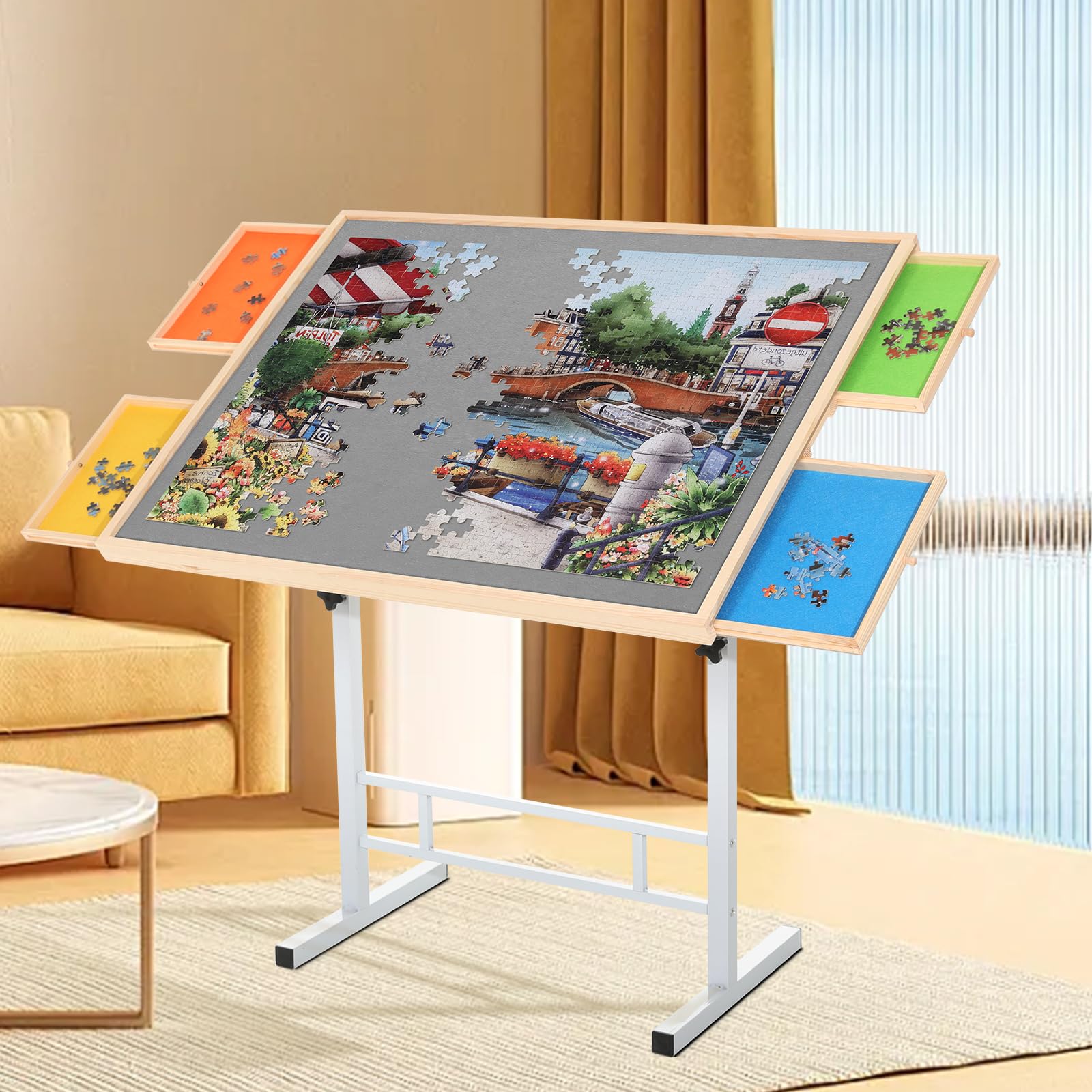 Puzzle Table with Drawers for Adults 1500 Pieces Angle & Height Adjustable Jigsaw Puzzle Table with Metal Legs 35