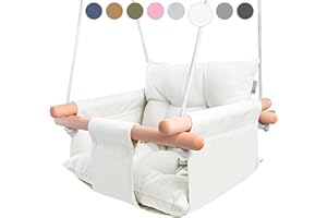 CaTeam - Canvas Baby Swing, Wooden Hanging Swing Seat Chair with Safety Belt, Durable Baby Swing Chair, Outdoor and Indoor Swing for Kids, Mounting Hardware Included, Ivory