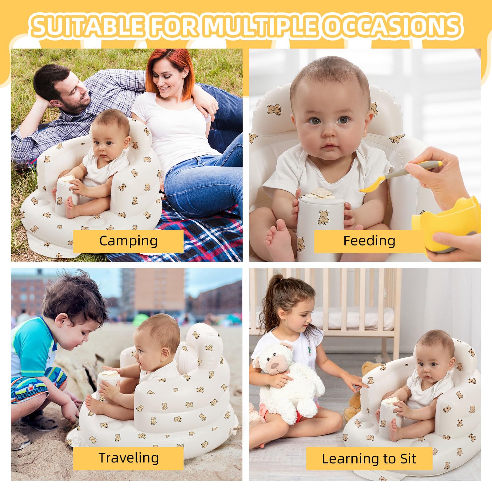 Inflatable Baby Seat for Babies 3-36 Months, Built in Air Pump Baby Chair Sit Me up Floor Seat for Baby, Bumbo Seat for Learning to Sit, Feeding, Camping(Bear Cub)