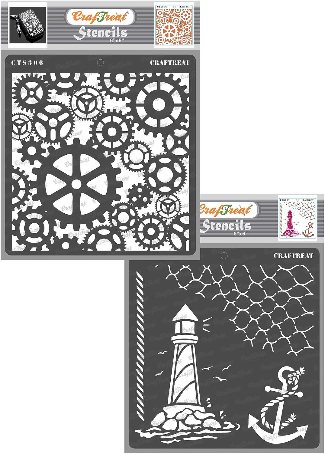 CrafTreat Steampunk Stencils for Crafts Reusable Vintage, Gears and Nautical (2 pcs), Size: 6X6 Inches