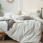 MooMee Striped Duvet Cover Set 100% Washed Cotton Linen Like Textured Breathable Durable Soft Comfy (White Dark Grey Wide Stripes, Cal King 104"x98")
