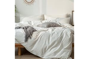 MooMee Striped Duvet Cover Set 100% Washed Cotton Linen Like Textured Breathable Durable Soft Comfy (White Dark Grey Wide Stripes, Queen 90"x90")