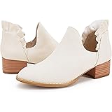 Fashare Womens Fall Cutout Booties Ankle Heels Low Stacked Ruffle Slip On Dress Short Boots Shoes