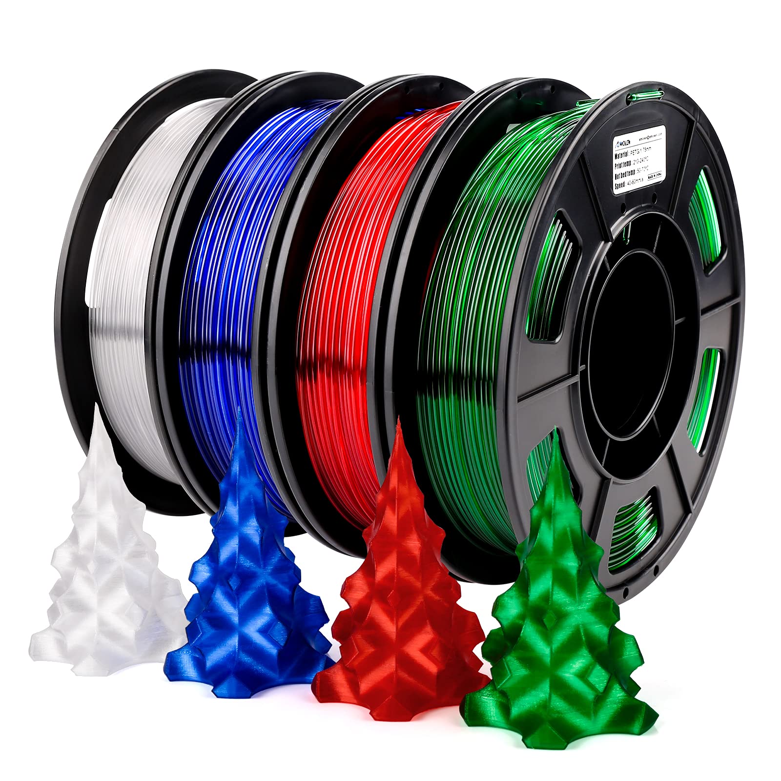 Photo 1 of AMOLEN 3D Printer Filament Bundle, PETG Filament 1.75mm,Transcucent Clear/White,Red,Green,Blue Filament,PETG Transparent Filament with Light Transmission Feature,250g x 4 Spools Set